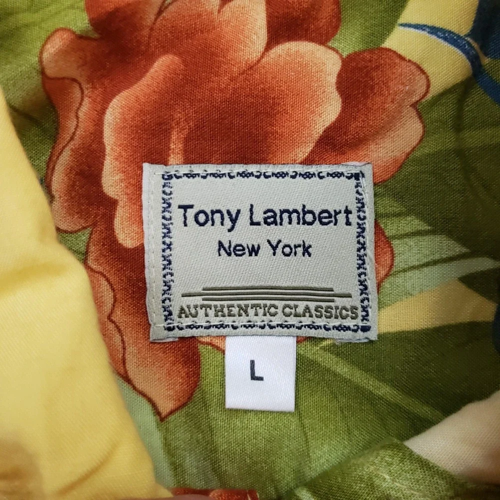 Tony Lambert‎ Shirt Mens Large Yellow Button Floral Tropical Rayon Hawaiian Camp